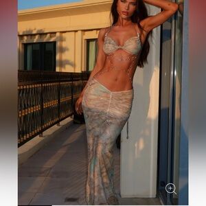 Outcast Caterina Maxi Dress Iridescent Pearl Gold Chain Cut Out Beach XS NWT NEW